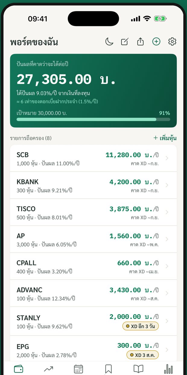 หน้าพอร์ตของปันผลดี แสดงปันผลที่คาดว่าจะได้ต่อปี